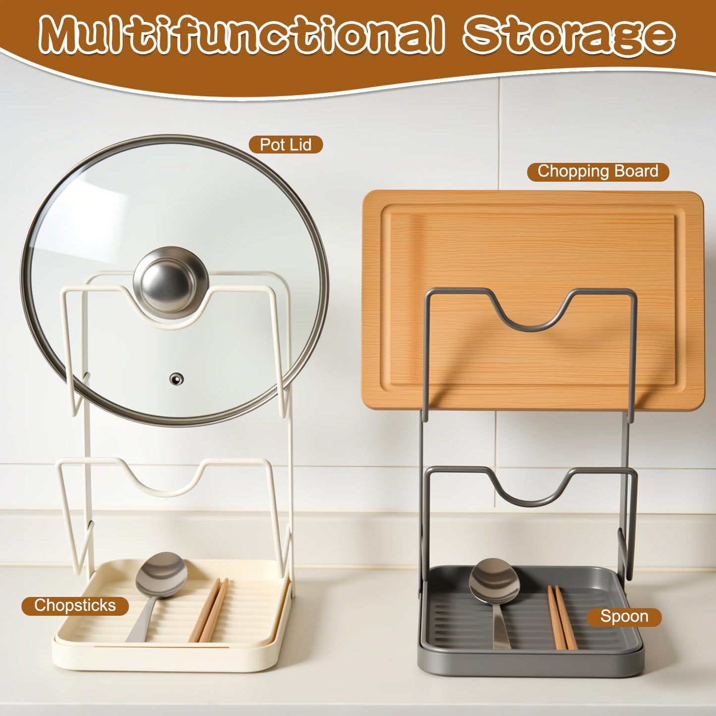 Kitchen Pot Lid Storage Rack, Double-Layer Pot Lid Organizer with Removable Drip Tray,Pot Lid Holder While Cooking,Space-Saving kitchen Countertop Organizer Storage for Pots Pans & Cutting Boards