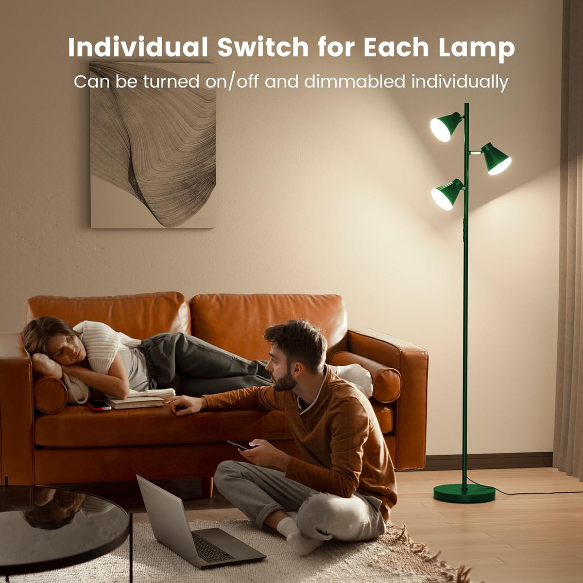 36W LED Tree Floor Lamp, Dimmable Tall Standing Lamp with Remote & Touch Control, 4 Color Temperatures Bright Floor Lamp, 3 Rotatable Light Modern Floor Lamps (Green)