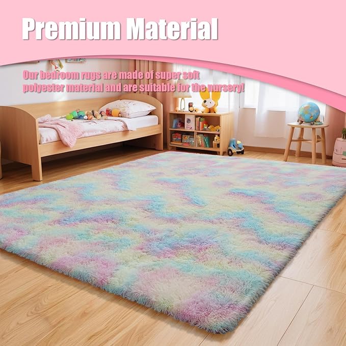 Shag Area Rug for Bedroom 5x8,Fluffy Area Rugs for Living Room,Soft Fuzzy Rug Non-Shedding Indoor Plush Carpet for Kids Bedroom Nursery Dorm Home Decor,Rainbow