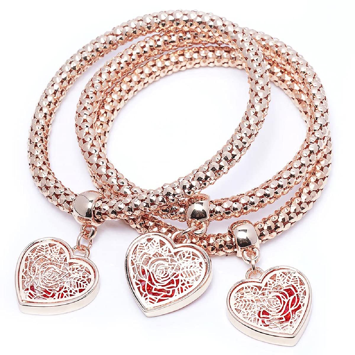 SILANER Crystal Love Charms Multilayer Bracelets - 3PCS Gold/Silver/Rose Gold Corn Chain Bracelet for Women, Rose Heart Charm Shaped Stretch Bracelet