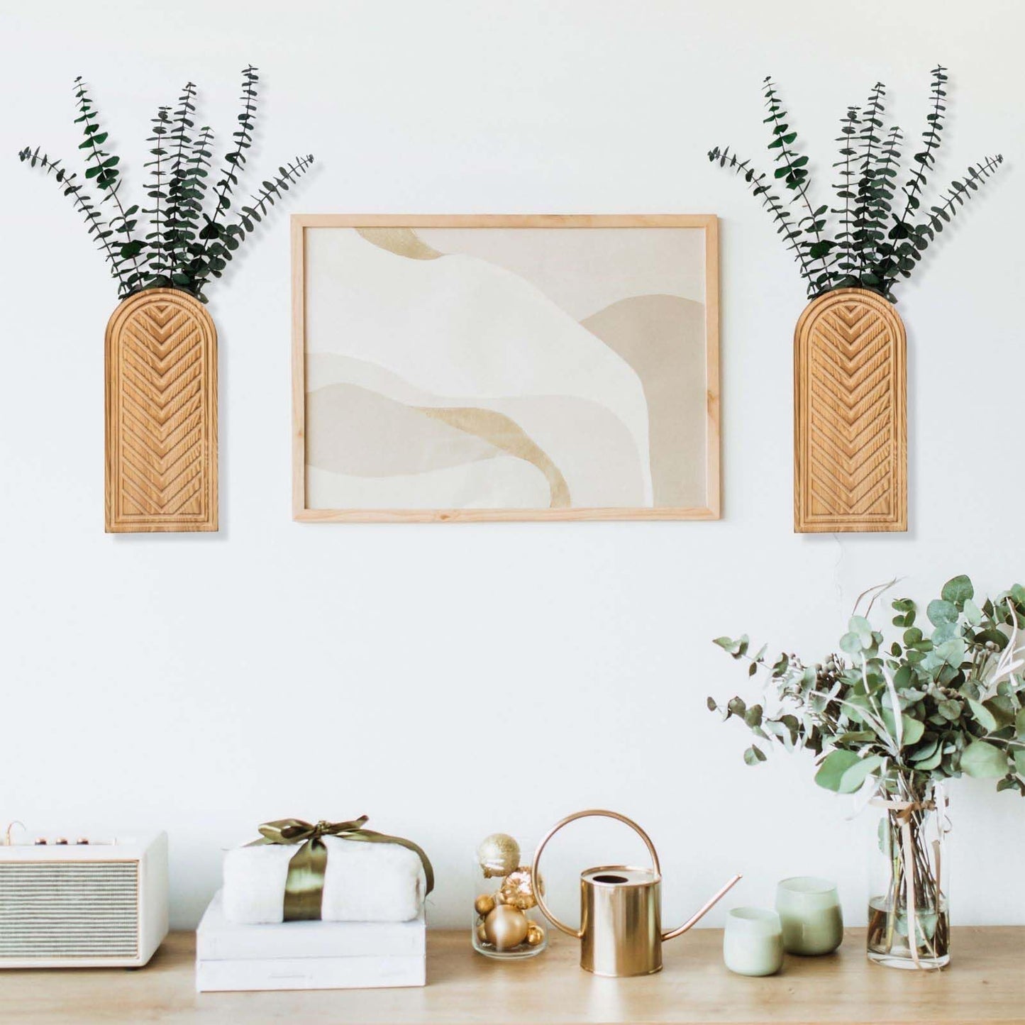 Jerbikas 2 Pack Empty Wooden Wall Vase Set: Modern Farmhouse & Boho Decor for Pampas Grass, Dried Flowers, Faux Greenery - Hanging Planter for Living Room, Bathroom, Above Couch, Office
