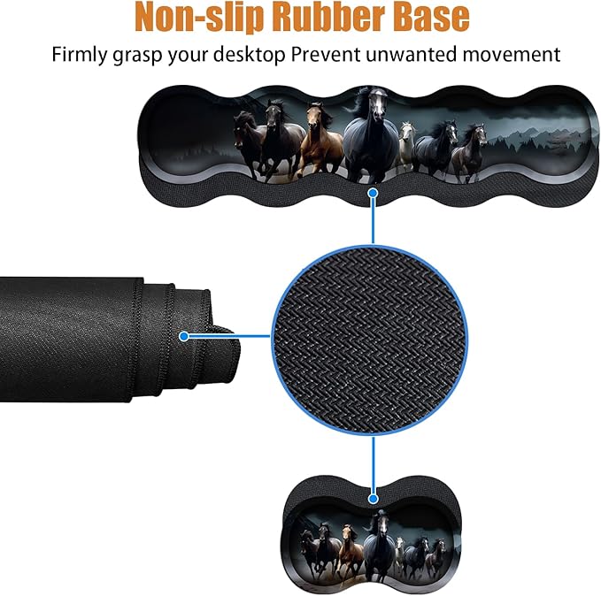 4 in 1 Ergonomic Keyboard Wrist Rest & Mouse Pad Wrist Rest Set, Large XXL Gaming Desk Mat 31.5"x 11.8" with Non-Slip Base, Memory Foam for Home Office Study Gaming, Running Horses