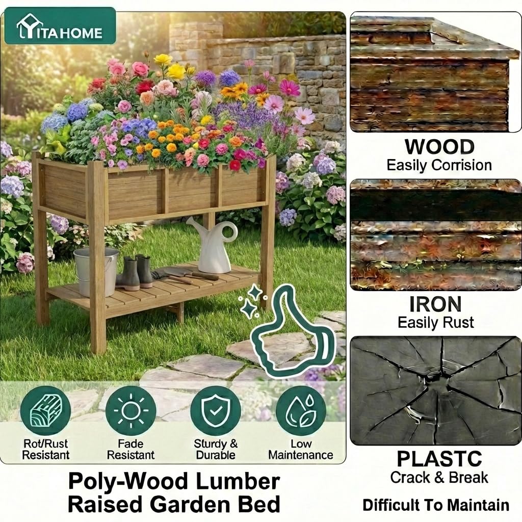 YITAHOME Raised Garden Bed Outdoor HDPE with Shelf, 48x18x30in Poly-Wood Weather-Resistant Elevated Planter Box with Legs for Vegetable Flower, Herb Garden Bed for Backyard Balcony Garden, Brown