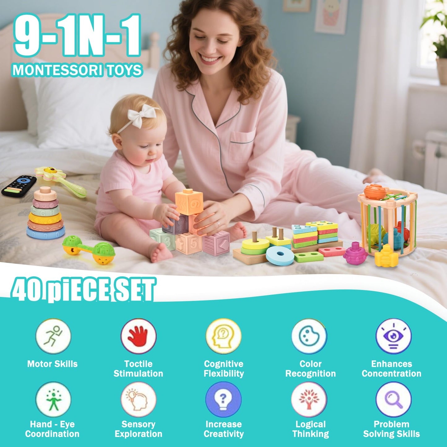 Majabike Baby Toys 6 to 12 Months 9 in 1 Montessori Teething Toys Sorting Sensory Educational Learning Gift for Toddlers Aged 1-3