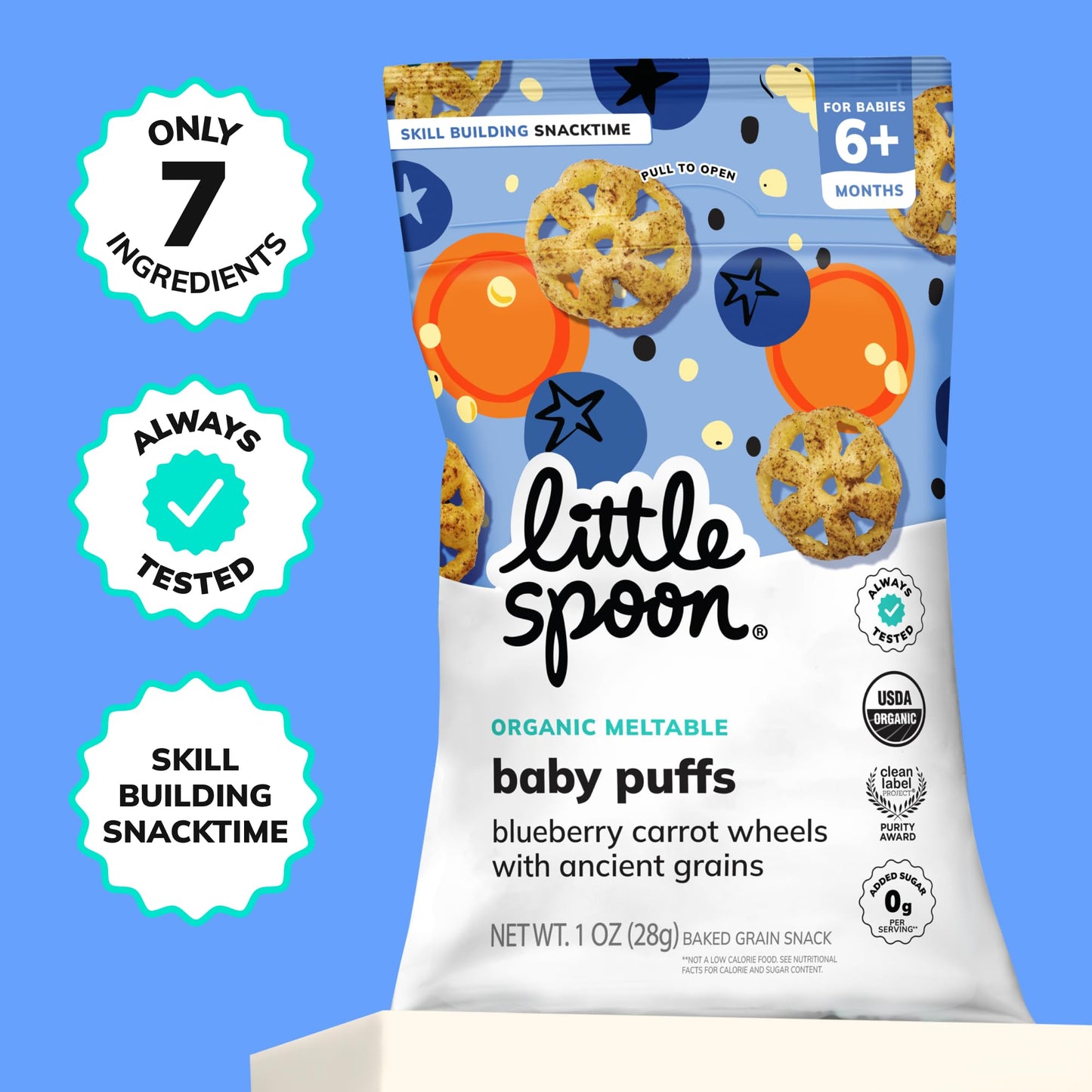 Little Spoon Blueberry Carrot Meltable Baby Wheels, Organic Corn, Quinoa & Sorghum, No Added Sugar Snacks, Encourages Self-Feeding, 1 Oz Bag, 4 Pack