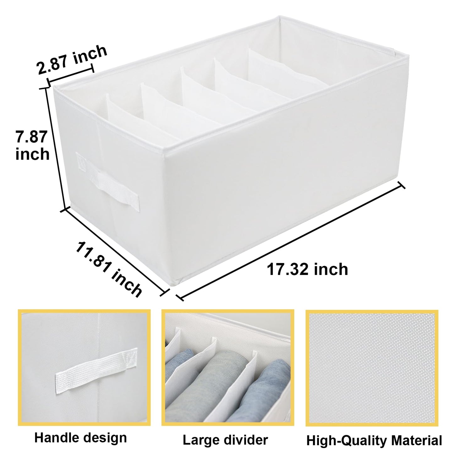 Extra Large Clothes Closet Organizer 6 Compartments for Jean Sweater Sheets to Shirt - Divided Clothing Storage Boxes for Closet, Wordrobe, Bedroom, Shelf (4pc White)