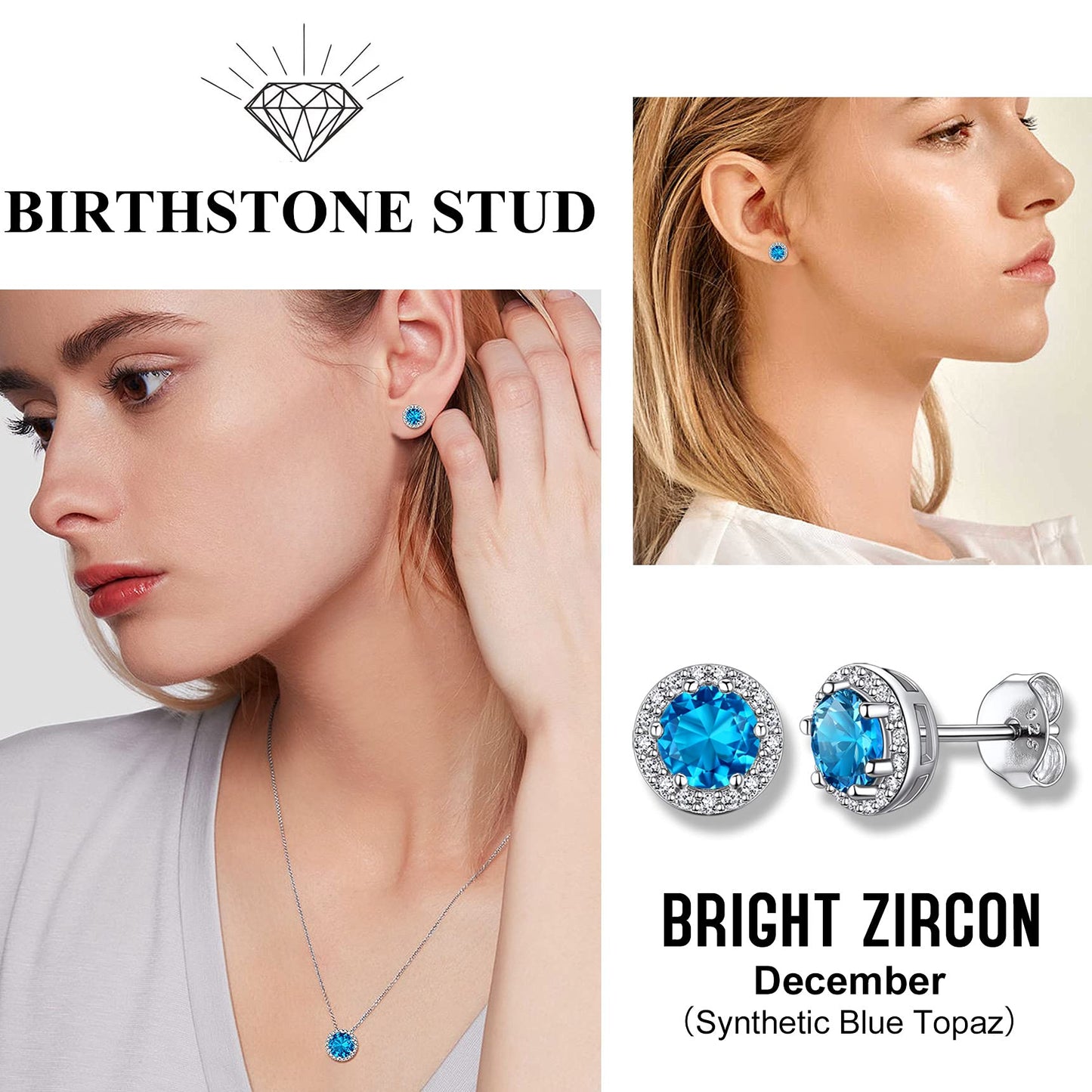 Bestyle CZ Round Diamond Stud Earrings 5mm December Blue Topaz Birthstone Solitaire Earrings, 925 Sterling Silver Earrings Jewelry Gift for Wedding Anniversary Birthday