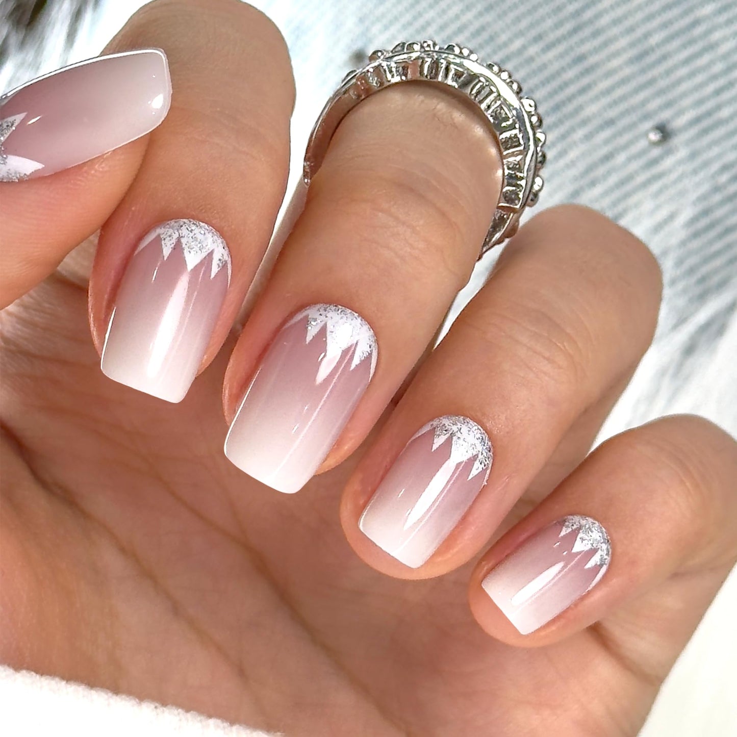 CurvLife Press on Nails Short Square Acrylic Fake Nails with Apricot Design Full Cover False Nails Glossy Nude Glue on Nails Artificial Stick on Nails for Women (Crystal Bloom Light)