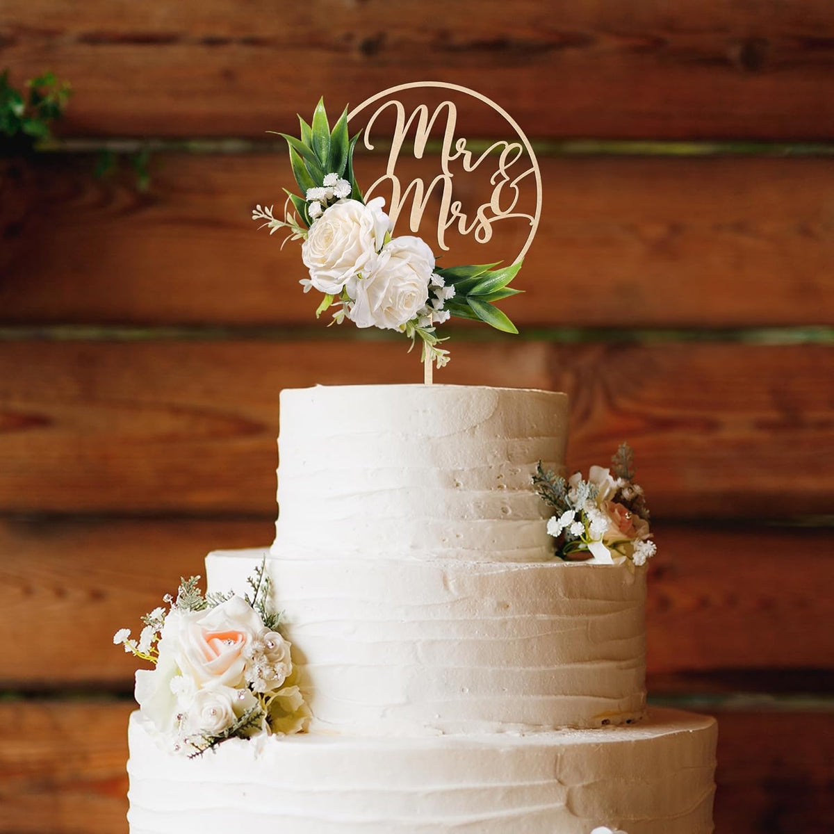 Mr & Mrs Wedding Cake Topper with 3D Artificial White Flowers and Green Leaves Wooden Cake Decoration for Wedding 3D White Roses