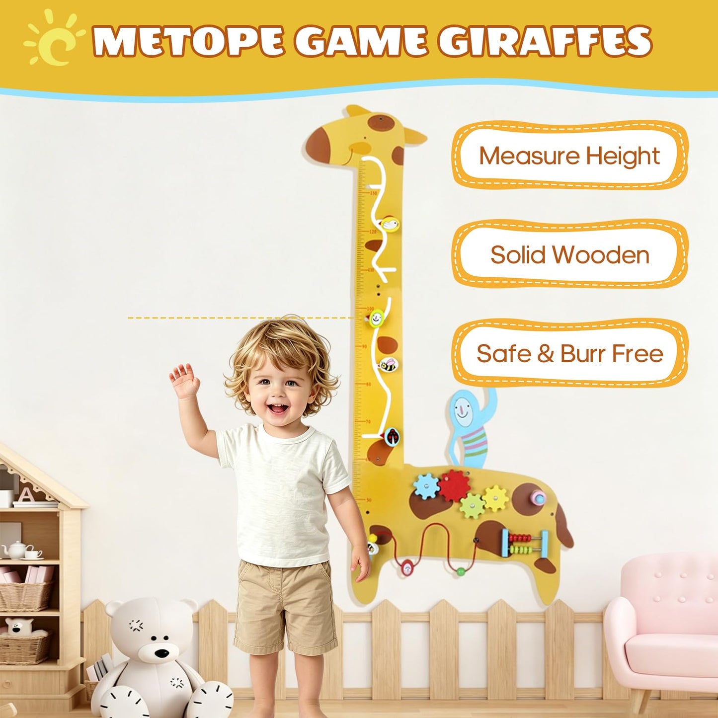 BROWNROOT Wooden Giraffe Growth Chart, Montessori Height Ruler with 5-in-1 Sensory Activities, Measuring Wall Toy for Kids 3-6, Bead Maze, Gears, Slide, Squeaker & Abacus, Educational Learning Gift