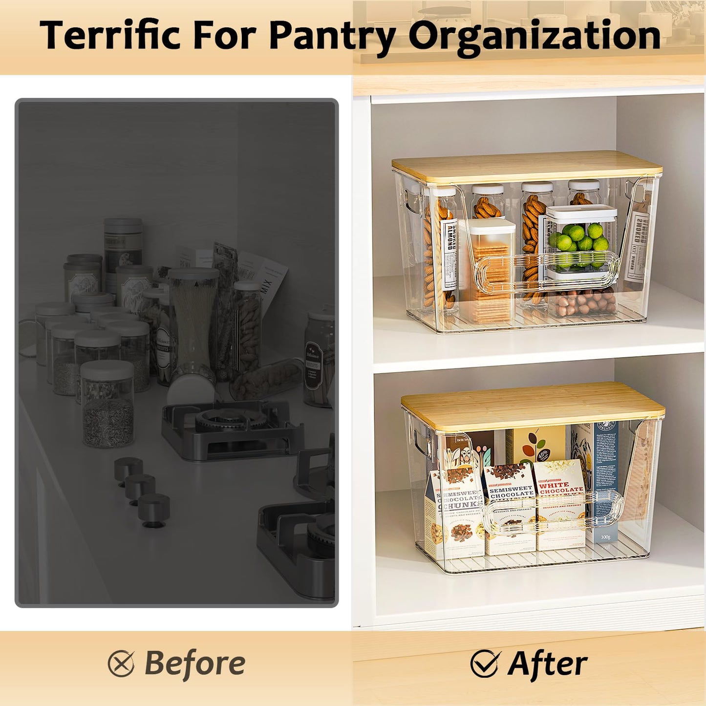 Delamu 3 Pack Pantry Organizers and Storage,Trash Bag Dispenser with Bamboo Top,Stackable Trash Bag Dispenser Under Sink Organizer for 4-30 GalBags,Onion,Potato,Fruits,Clear