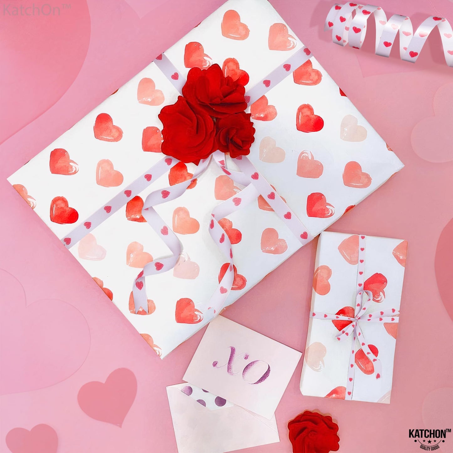 KatchOn, Red Heart Ribbon for Crafts - 100 Yards | Red Heart Curling Ribbon for Valentines Day Decorations | Valentines Ribbon | Bridal Shower Decorations, Happy Anniversary Decorations