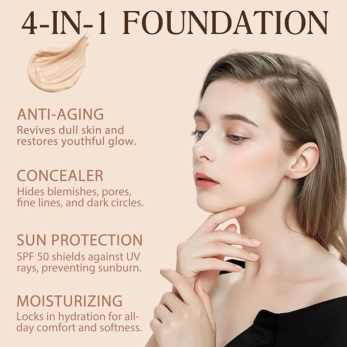 Colour Changing Foundation Liquid 4 in 1, Oil-free BB Cream Makeup, Hydrating Longwearing & Waterproof Concealer, SPF 50+ Makeup Base Nude Face, Foundation Medium Spectrum for all Skin(2PCS)