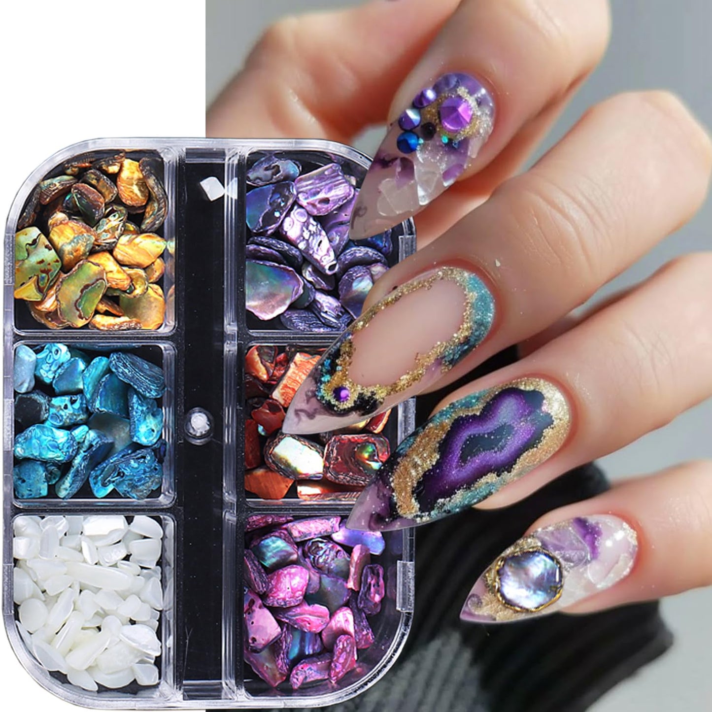 6 Grids Colorful Abalone Shell Stone Nail Gems and Charms 3D Irregular Stone Nail Charms Abalone Shell Texture Designs Nail Rhinestones Colorful Gems Nail Jewelry for Women DIY Manicure Crafts