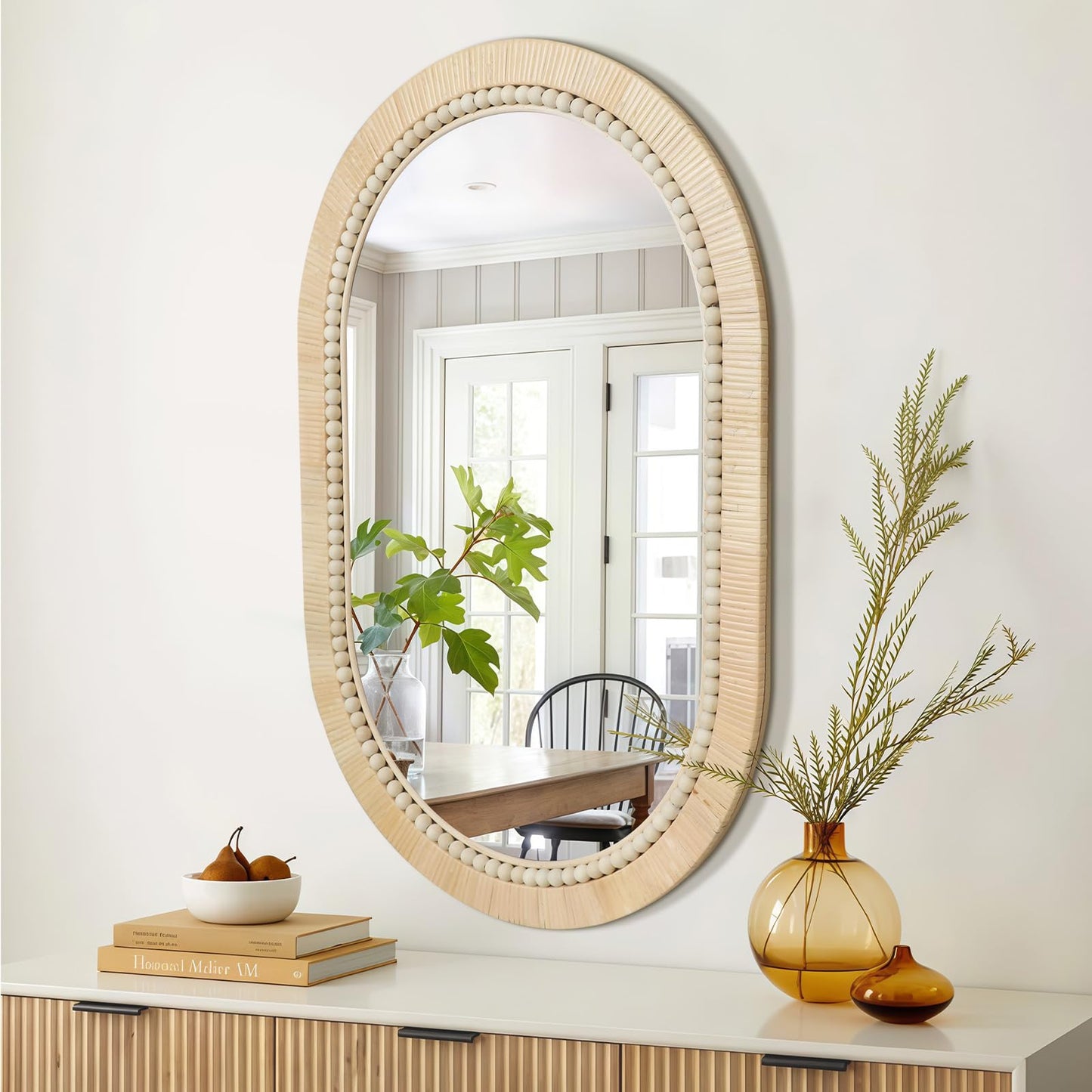 ULIKE Rattan Mirror for Bathroom, 24x36 Inch Oval Rustic Farmhouse Wall Decor with Handmade Wicker Frame, Boho Mirror for Nursery Bedroom Living Room Entryway