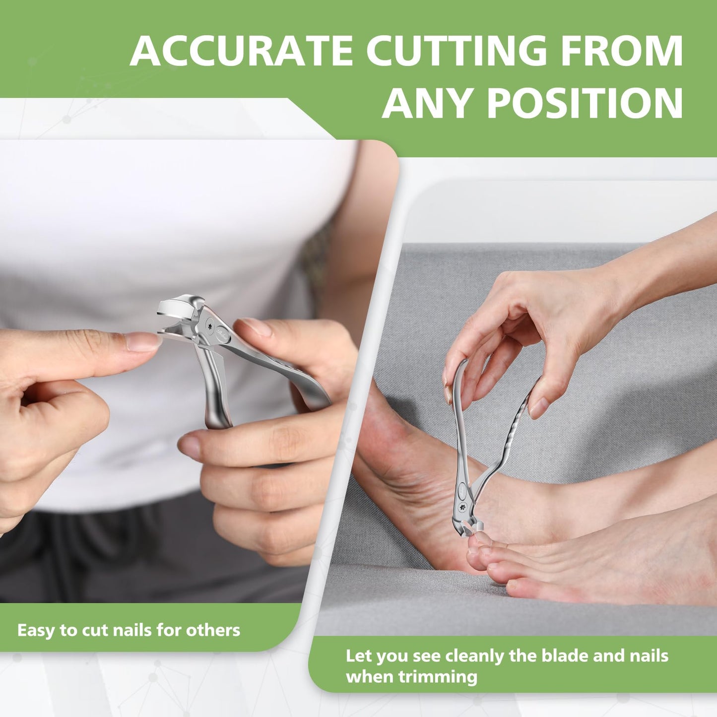 BALUCA Ergonomic Nail Clipper for Seniors - Toenail Clipper for Thick Toenails and Fingernails, Long Handle Nail Clippers with Catcher (Silver, Long Handle)