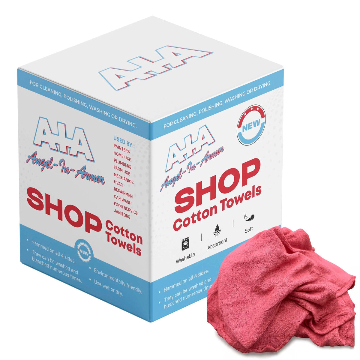 Angel-in-Armor Shop Towels (14”x14”) – 150 Unit Box of Lint-Free Cotton Shop Towel Cleaning Rags – Durable Shop Rags for Auto, Garage, Industrial, and Commercial Use (150 Count)