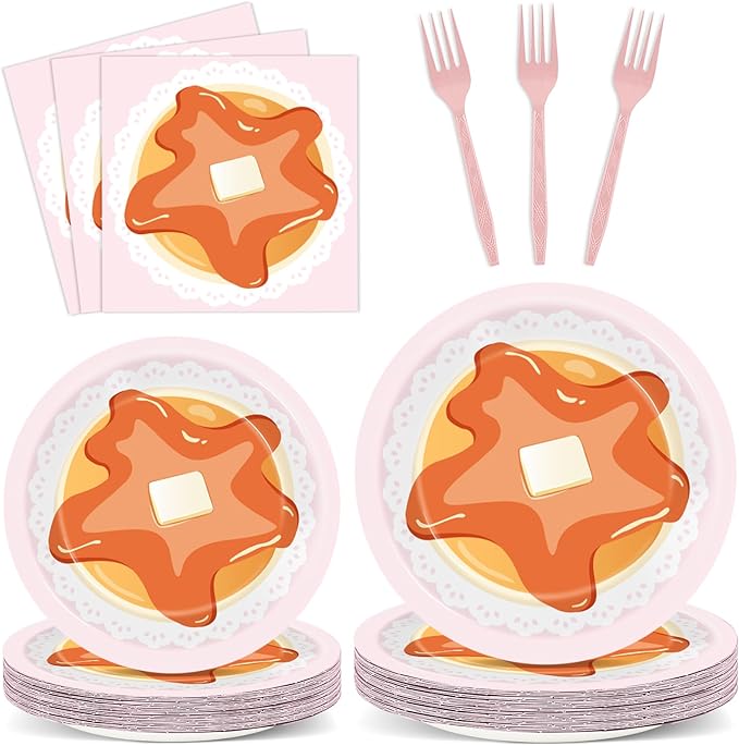 96Pcs Pancakes and Pajamas Paper Plates and Napkins Pajama Brunch Birthday Party Decoration Girls Pink Night Sleepover Dessert Plates Spa Party Cake Tableware Set for 24 Guests Slumber Party Supplies