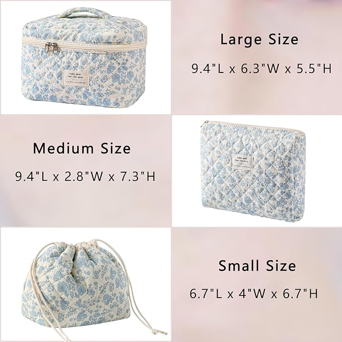 3Pcs Aesthetic Cotton Quilted Drawstring Makeup Bag Set, Cute Flowers Makeup Pouch for Girls and Women, Coquette Travel Organized Cosmetic Bags for Purse, Toiletry Bag (07Blue Flower)