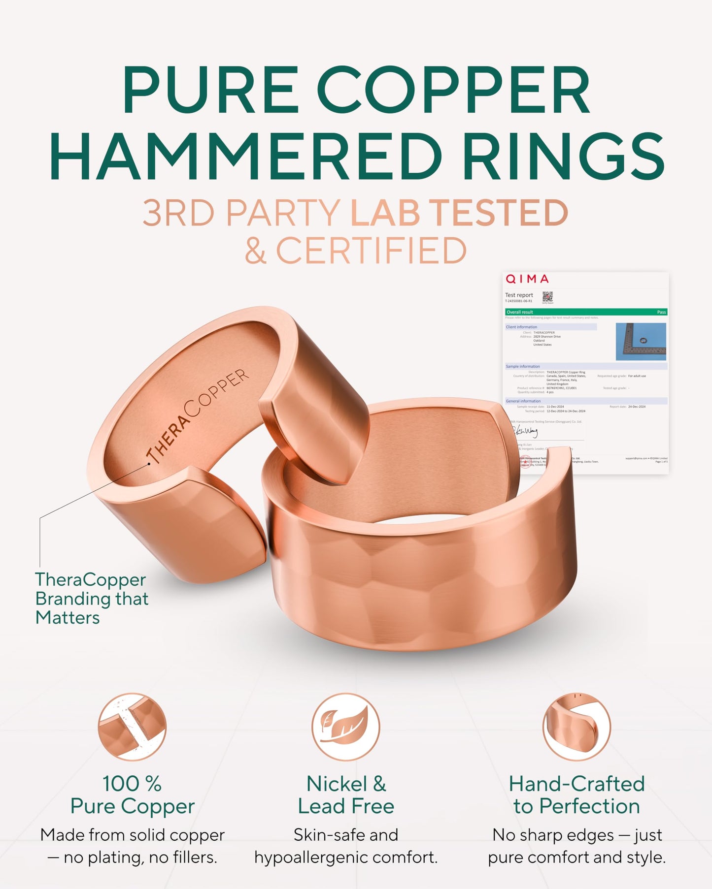 TheraCopper Pure Copper Rings for Women (2-Pack) — 100% Pure Copper Ring — Raw, Solid & Uncoated Authentic Handmade Open-End Adjustable Ayurvedic Jewelry Rings (10mm Hammered)