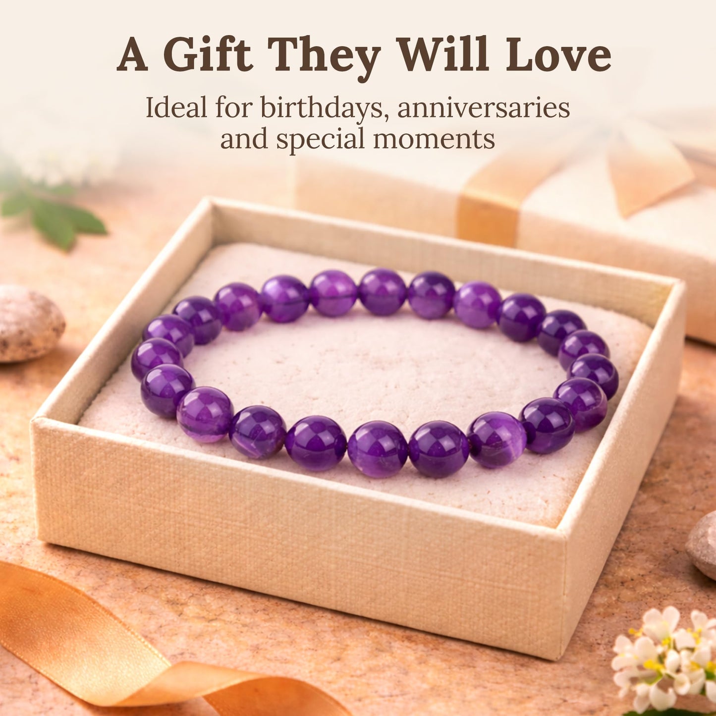 Elm City Direct 8mm Natural Stone Beaded Bracelet – Unisex Crystal Stretch Bracelets for Men & Women, Chakra & Healing Jewelry, Gift-Ready Beaded Bracelets (Amethyst, 8mm)