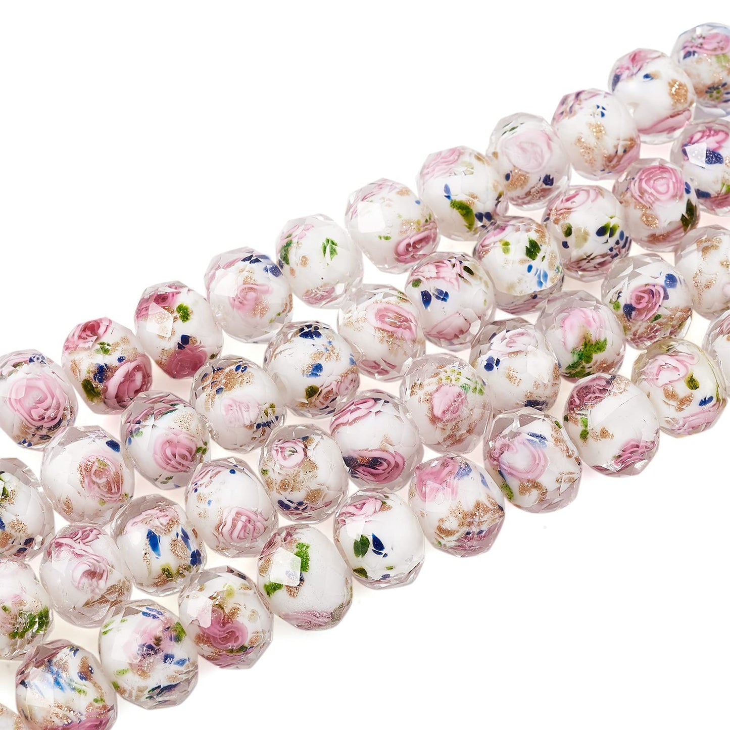 Craftdady About 60Pcs Handmade Gold Sand Lampwork Faceted Rondelle Glass Beads Strands Flower Inlaid Spacer Loose Beads for DIY Jewelry Making Hole: 2mm (White)