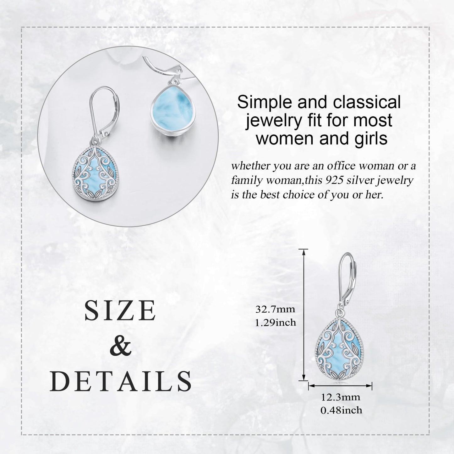 Larimar Earrings Sterling Silver Filigree Teardrop Boho Dangle Earrings Jewelry Gifts for Women