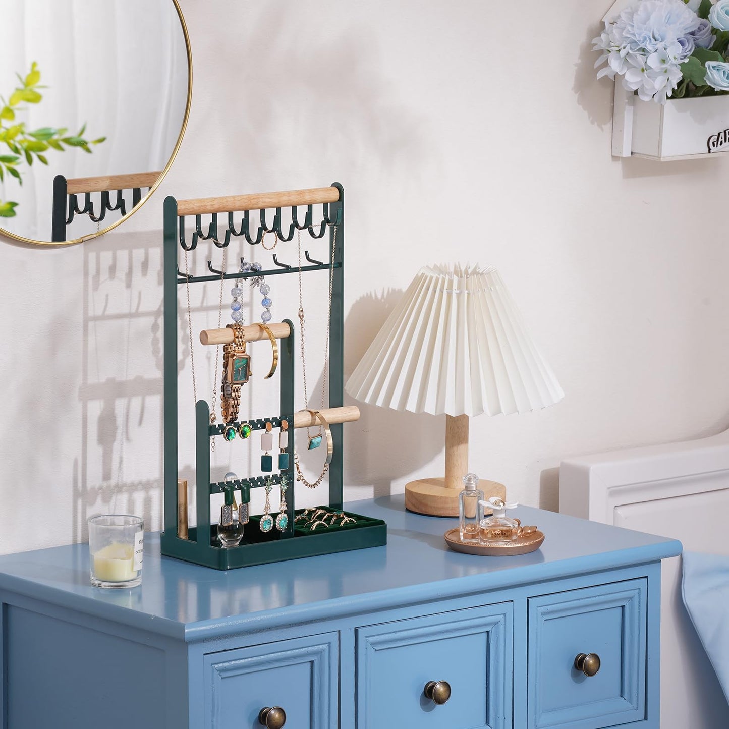 ProCase Jewelry Stand Holder Organizer, 5-Tier Necklace Holder with Ring Tray, 15 Hooks Necklaces Hanging Small Jewelry Display Storage Tower Tree for Bracelets Earrings Watches -Large, Green