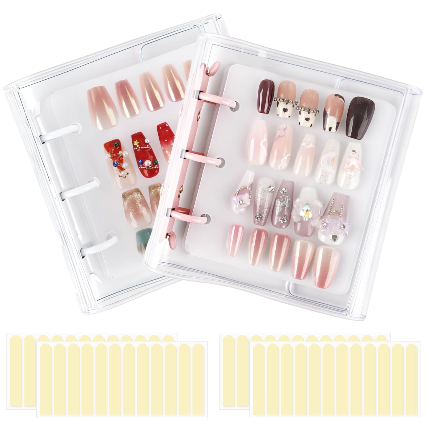ASTONFOG Press On Nail Organizer, 2Pcs Press On Nail Binder Book with 12 Insert Pages-A8 Sized & Double Sized Tape, Fake Nails Swatch Display Collecting Storage Book(Pink+White)