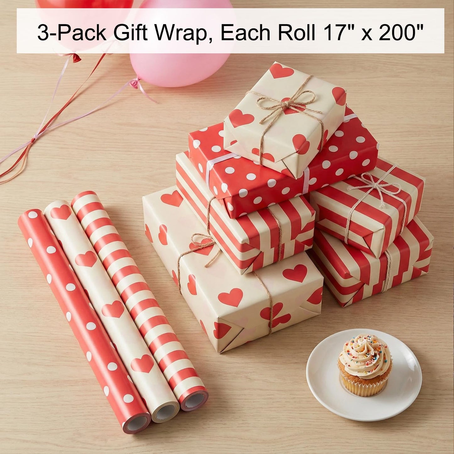 Gift Wrapping Paper, 3PC Gift Wrap Set with Hearts, Stripes, and Polka Dots, 17 x 200 inch Each, Elegant Red and White Designs for Wedding, Anniversary, Bridal or Baby Shower Mothers day Gifts