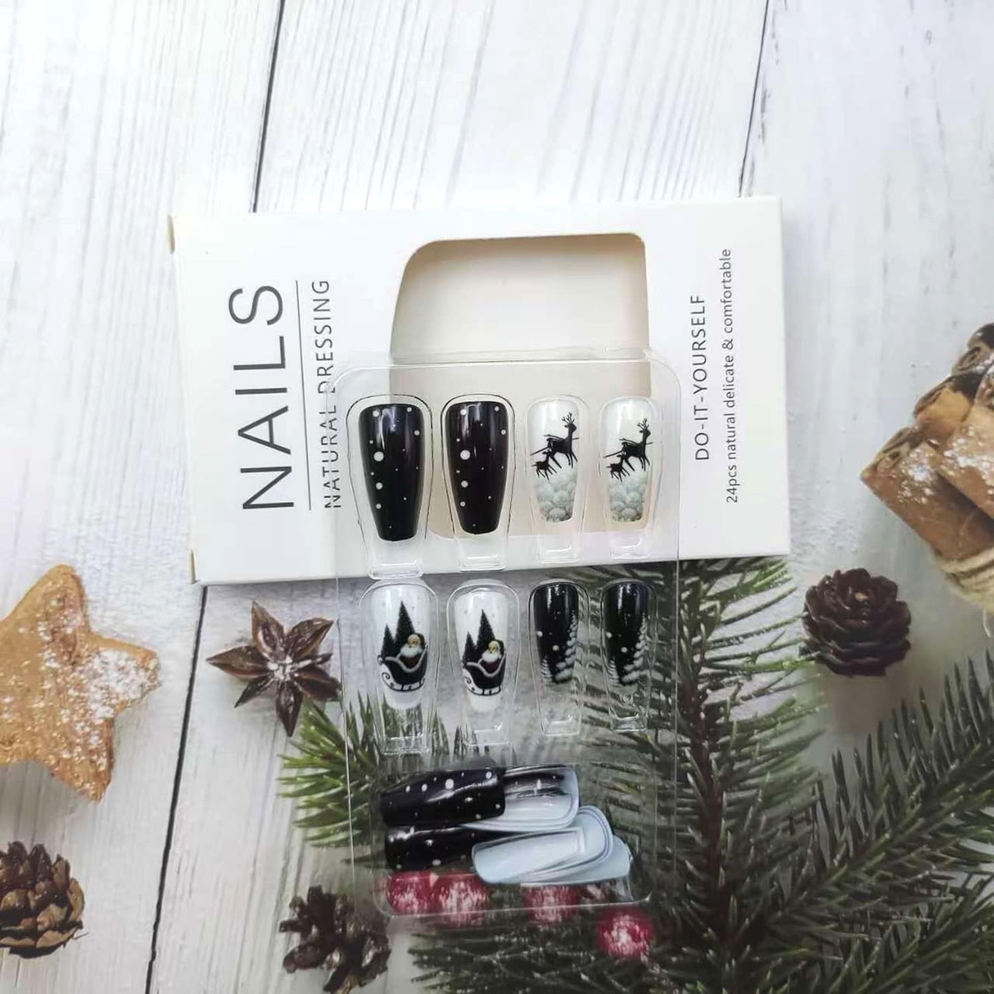 24 Christmas Press on Nails: Medium Coffin Glossy Acrylic False Nails with Santa Claus, Reindeer & Snowflake Designs - Black Press on Nails for Women & Girls