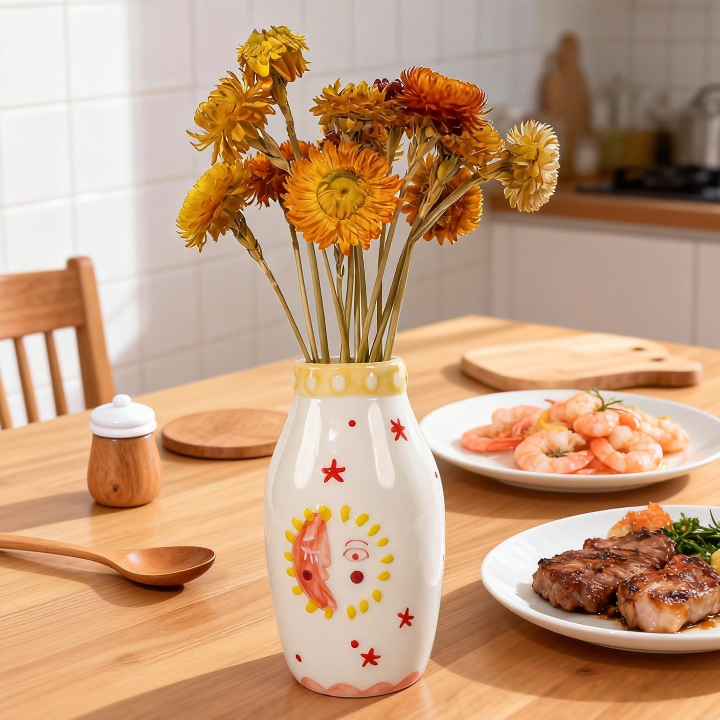 MOUGIGI Unique Ceramic Vase, Cute Boho Decor, Small Cream Vase for Dried Flowers or Single Bud - Sun and Moon Face Design