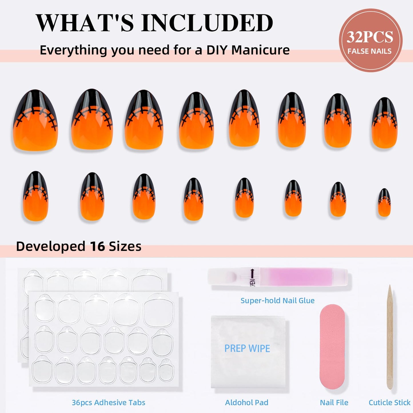 Sifvoo Orange French Tip Press On Nails Short Almond, Glossy Reusable Press On Nails for Women, 32 Count 16 Sizes Nail Kit with Glue (SV-09)