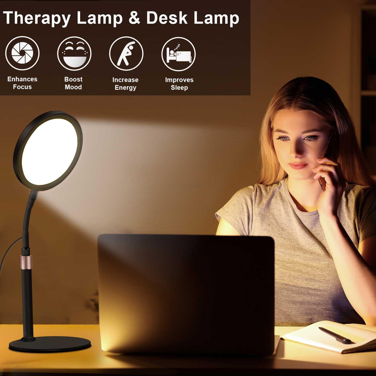 Sozapooty Light Therapy Lamp, UV-Free 10000 Lux Light Therapy Desk Lamp with 360° Gooseneck & 9 Brightness Happy Therapy Light for Lift Mood