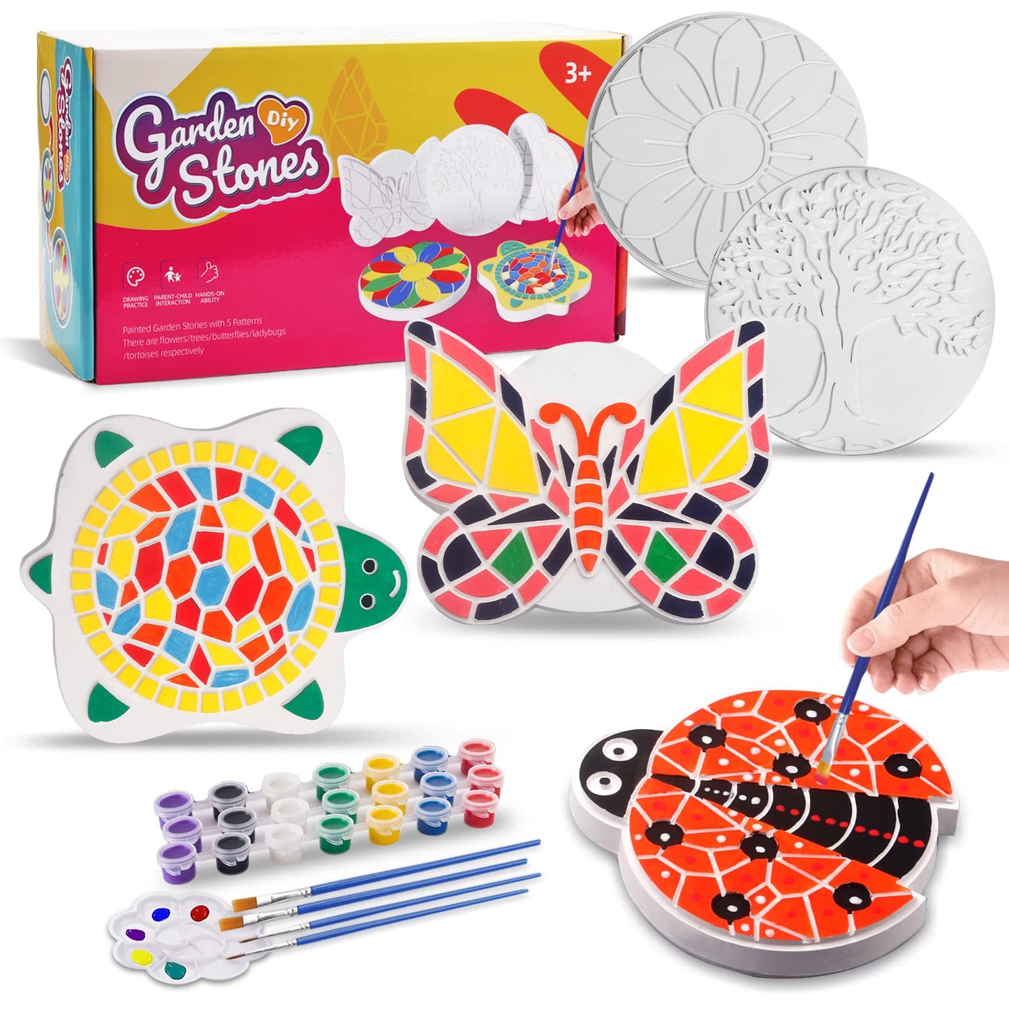 Weilim Paint Your Own Stepping Stones 5-Pack for Kids, Boys & Girls Ages 3-12, Butterfly, Turtle, Flower, Tree & Ladybug DIY Outdoor Garden Art & Craft Ceramic Painting Set Easter