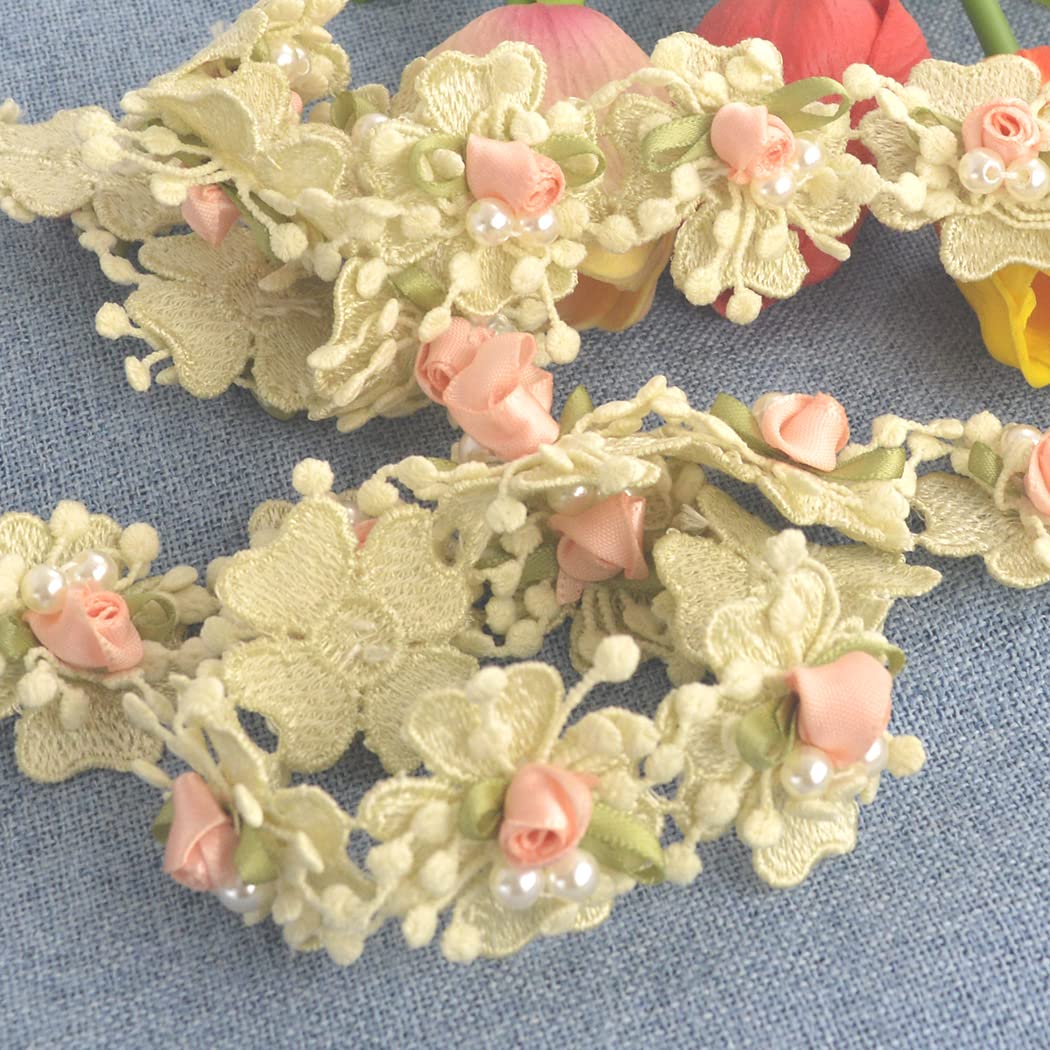 Kuasting 2 Yard Vintage Pearl Flower Ribbon Scallop Edge Trim Lace Fabric Sewing Lace Trim Handmade DIY Sewing Supplies for Dress Embellishment (Small Pearl lace)