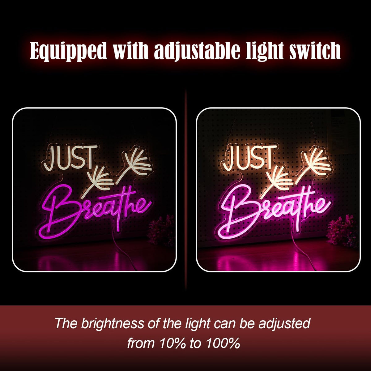 Just Breathe Neon Sign Dimmable Breathe Neon Signs Light Up Sign for Wall Decor LED Letters Neon Light by USB for Bedroom Yoga Studio Gym Reading Room(12.6 * 16.5In)