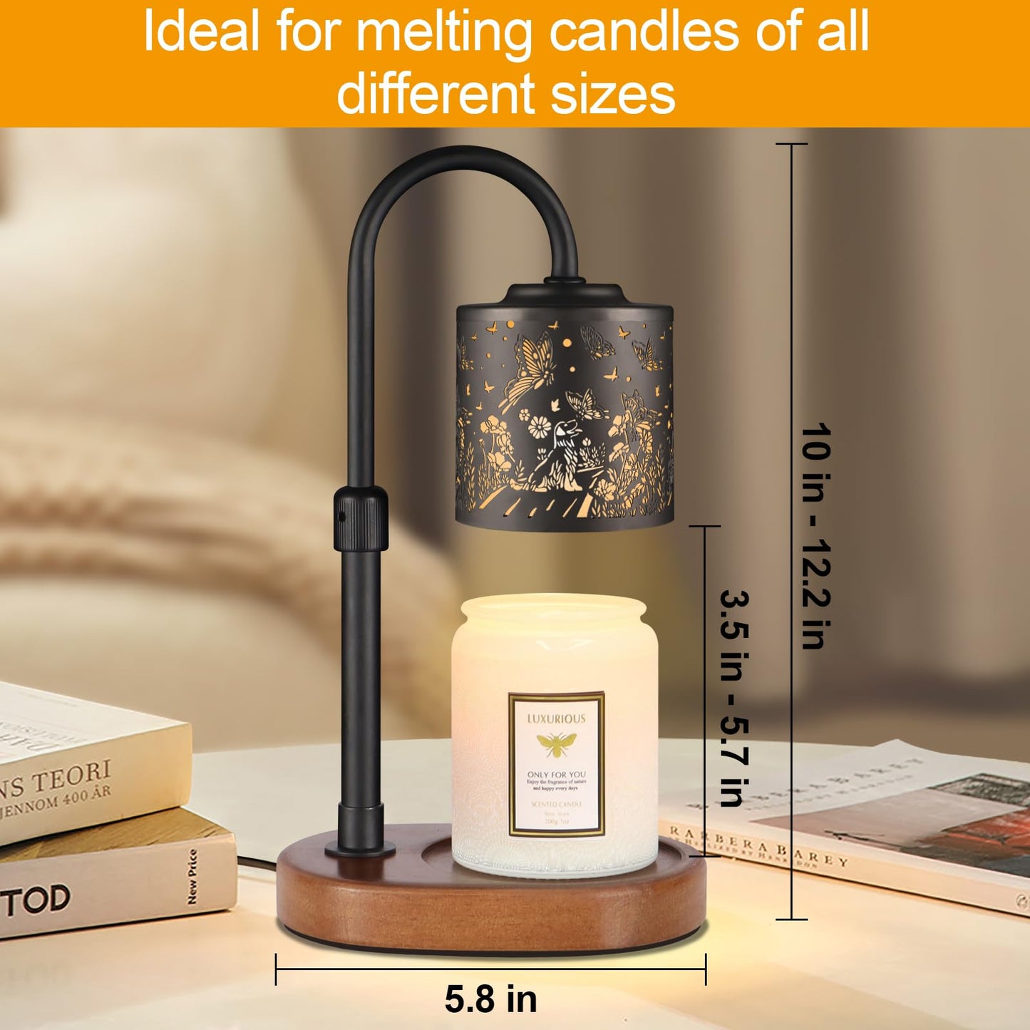 Dimmable Candle Warmer Lamp with Timer Adjustable Height for Scented Jar Candles Electric Candle Wax Melt Warmer for Home Decor Christmas Birthday Gifts for Women Mom(Butterfly+Dog)