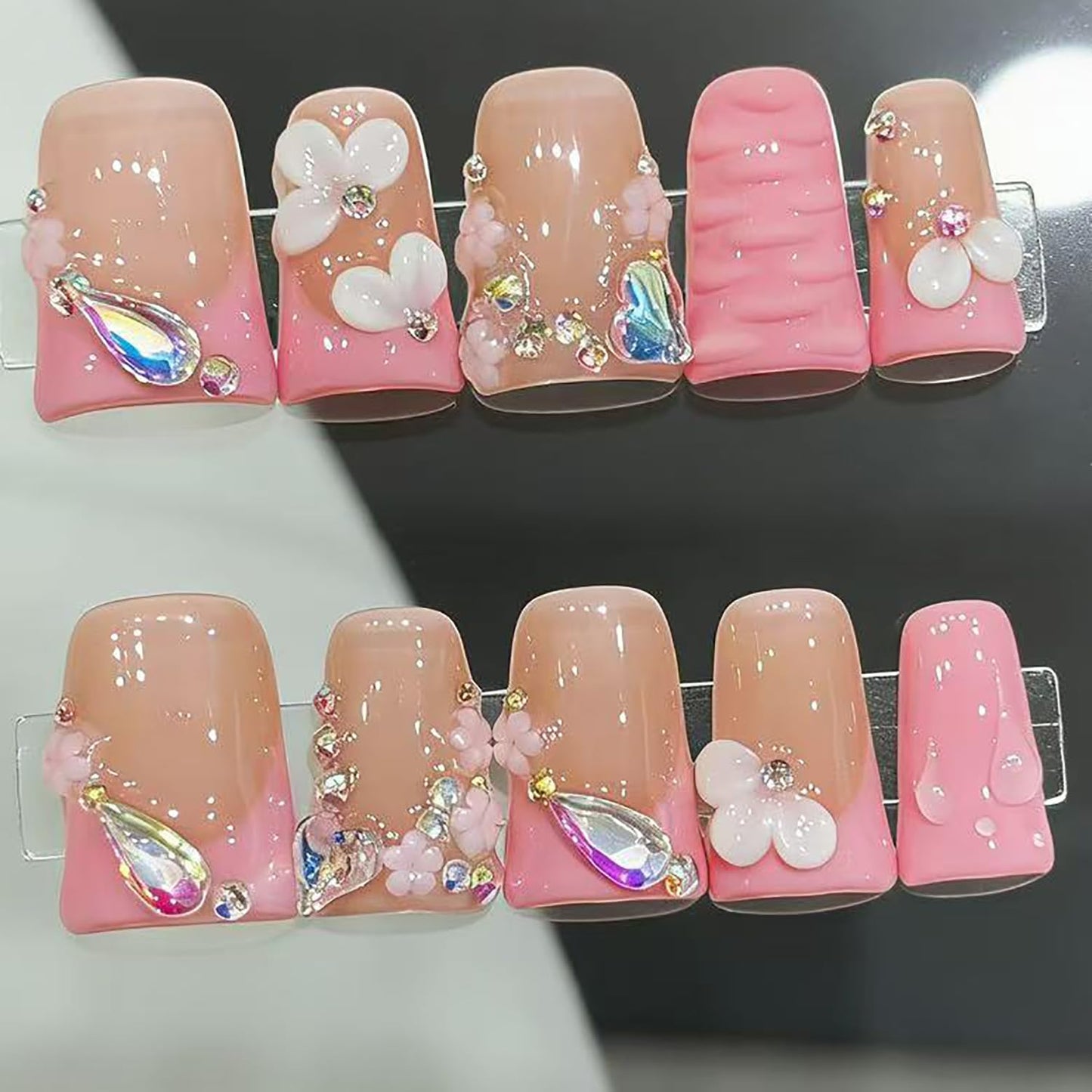 10 Pcs Press on Nails Handmade Duck Glue on Nails Pink French Tip with 3d Sparkling Diamond Design Handmade Acrylic Nails Elegant for Women for Spring Summer (S)