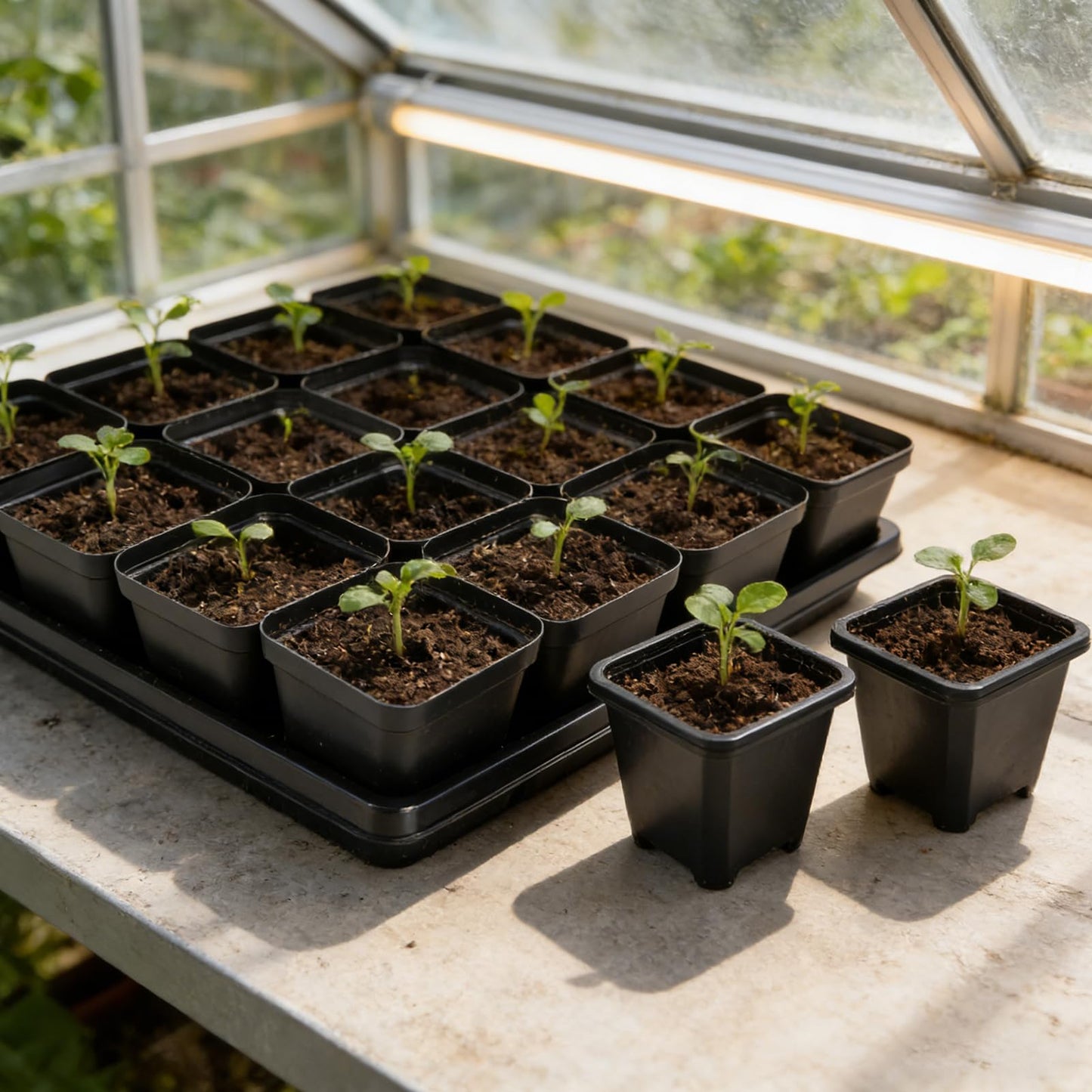 NNG 2.6 inch 100 Pcs Black Square Nursery Pots with 5 Pcs Plastic Seed Starting Trays,Plant Propagation Starter Kit Square Seed Starting Pots with Drain Holes