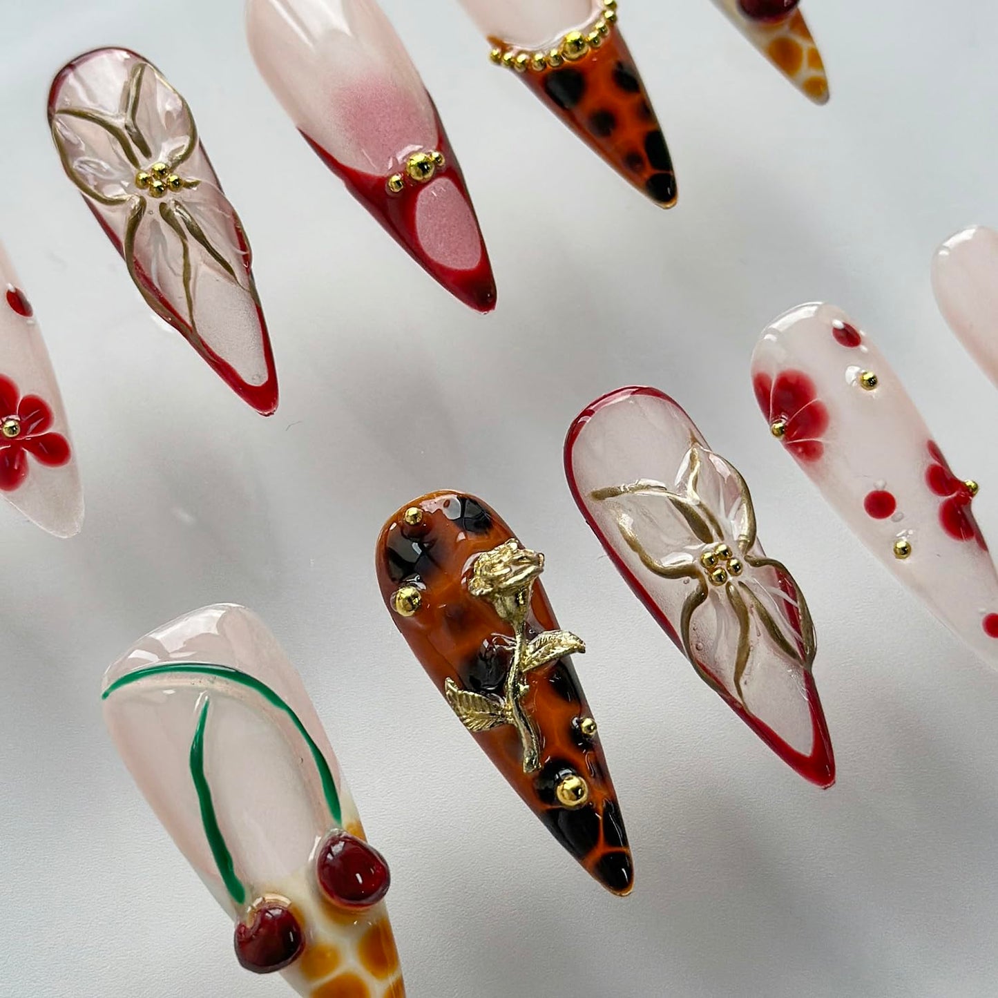 Luxury Press on Nails Long Almond Handmade 3D Unique Reusable ABS Material Fake Nails French Tip False Nails with Designs Flower Cherry Leopard Print Fall Glossy Glue on Nail Thick Acrylic Nail(S)