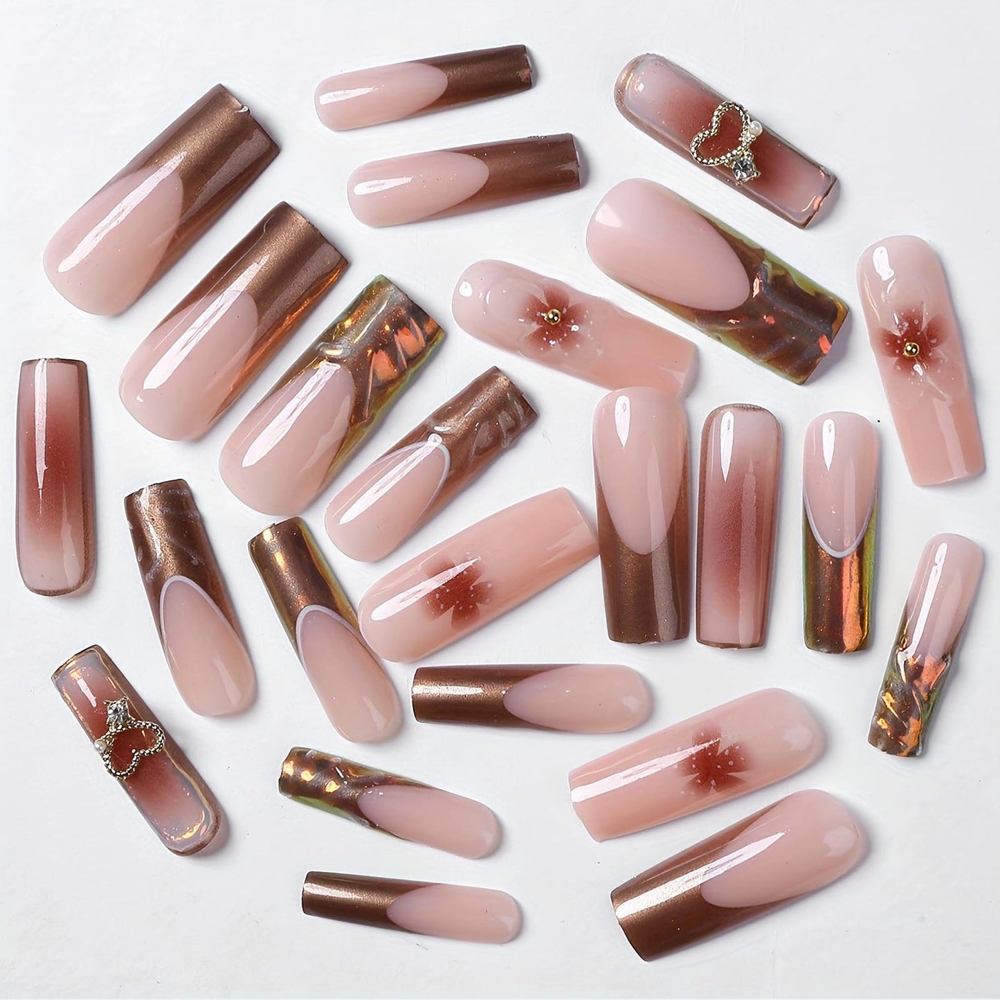 MISUD Press on Nails - Long Square Fake Nails with Brown Chrome, Acrylic French Tip Design 24 pcs