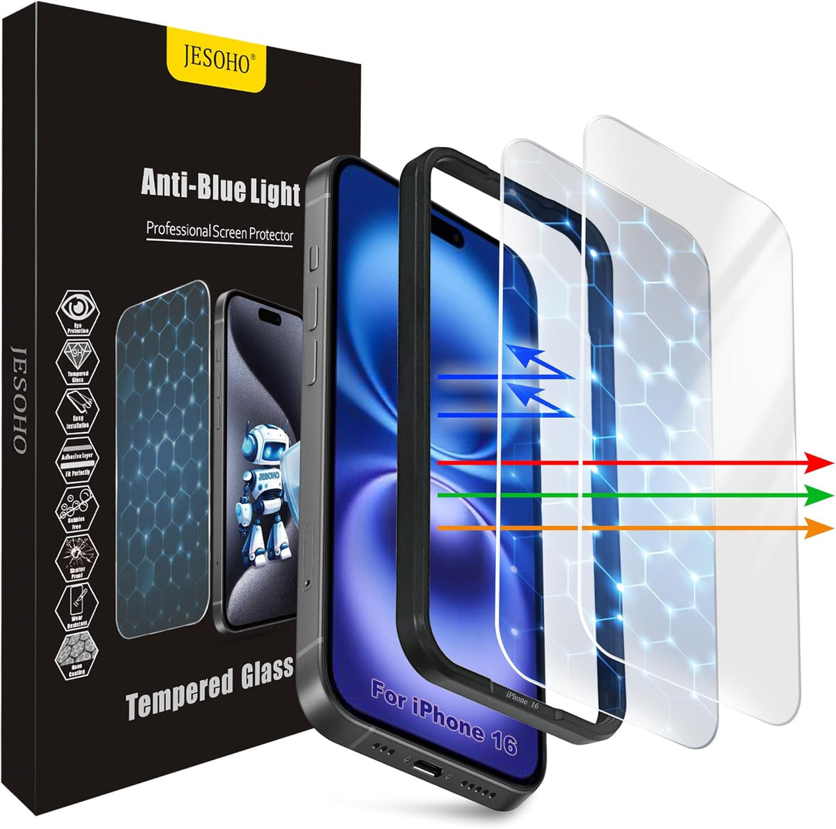 Screen Protector for iPhone 16&15 [6.1 Inch],3RD Colorless Anti-Blue Light Tempered Glass Films,HD Clear, 9H Hardness, No Bubbles, Case Friendly 2 Pack