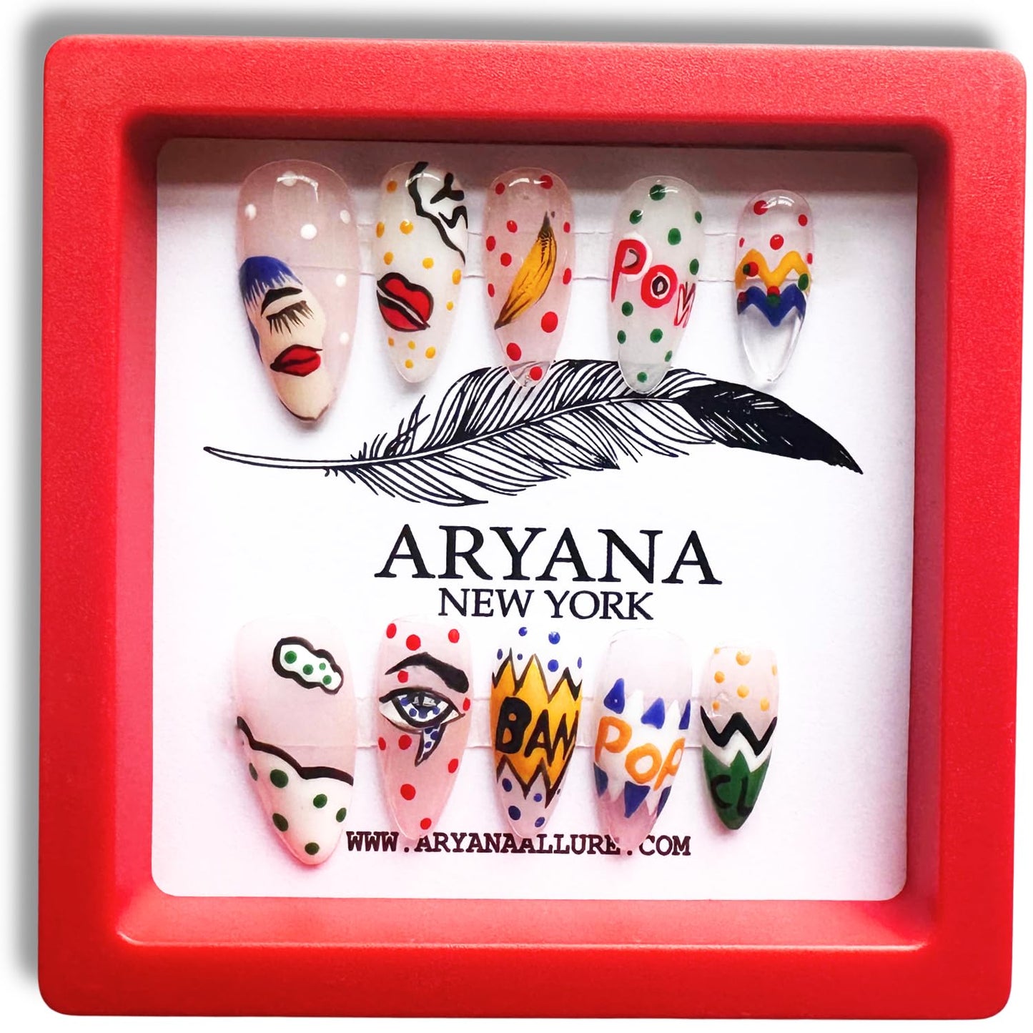Handmade Press on Nails 3D Almond Fake Nails Clear Press on False Nails with Hand Painted Pop Art Design with French tips Fall Nails for Women 10 PCS Handcrafted - Pop Art Collection - (Small)
