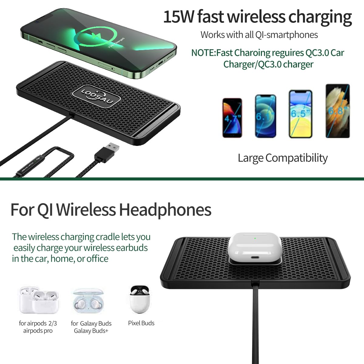 LOOSAU Wireless car Charger Charging pad 15w Non Slip FastCharger for car Wireless Phone Charger for Android for iPhone 11/12/13/14/15/16 /17 Pro Max Xs,Samsung Galaxy S20, S10+ Note 9，LG