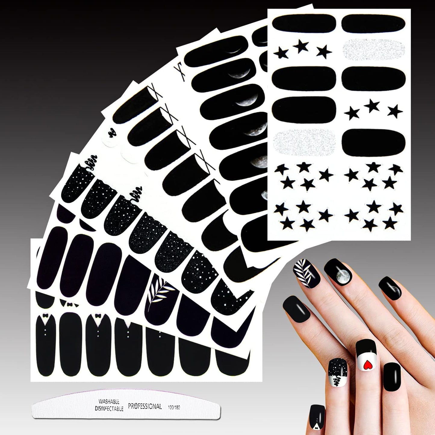 JERCLITY 20 Sheets Black White Series Nail Polish Strips Black White Star Moon Heart Leaves Marbled Pattern Gel Nail Strips Black Nail Stickers Full Wraps for Women