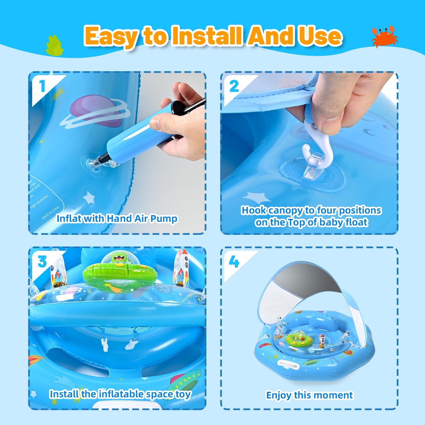 Baby Pool Float with Canopy, Inflatable Baby Swim Float with UPF50+ Sun Protection, Infant Pool Float with Toy Play Console,Safety Handles & Leashes,Adjustable Safety Seat For Toddler Aged 6-36 Months