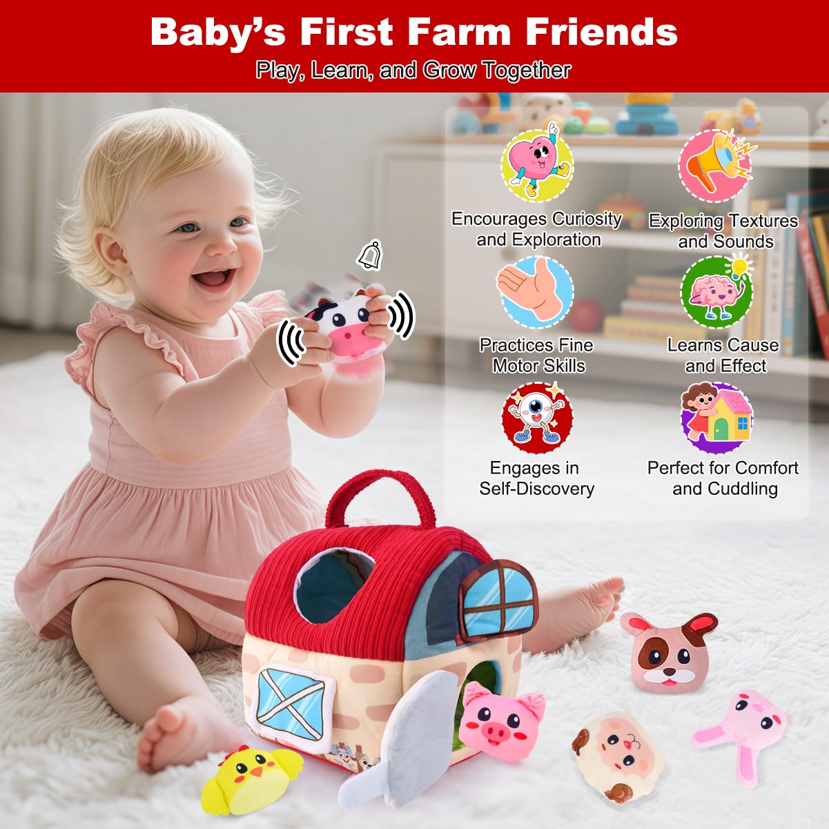 OKREVIEW Easter Baby Toys 6–12 Months, Montessori Sensory Farm Barn with Plush Animals, Rattles, Crinkle Paper & Mirror – First Birthday Gift, Easter Basket Stuffer for Babies