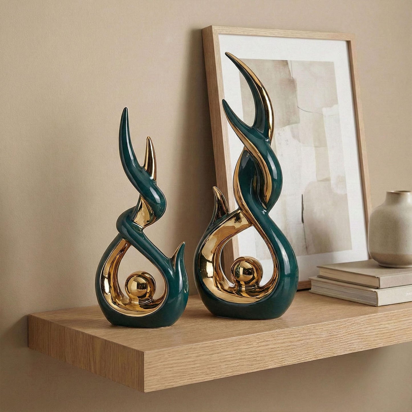LCCCK Green and Gold Abstract Ceramic Sculpture Set of 2 Modern Electroplated Figurines Decorative Statues for Living Room Shelf Mantel Tabletop Home Decor Housewarming Gift