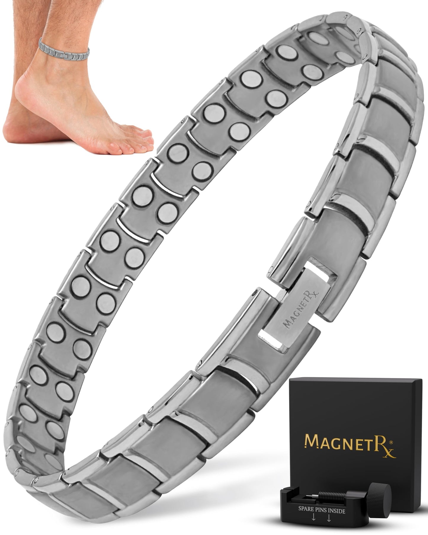 MagnetRX Ultra Strength Magnetic Anklet – Effective Magnetic Ankle Bracelets for Men – Titanium Mens Ankle Bracelet with 48 Magnets (Silver)